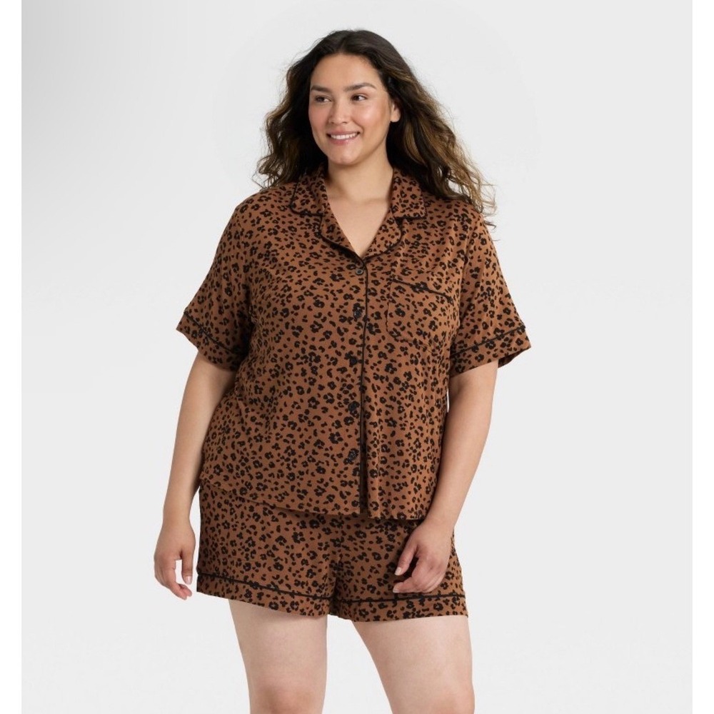 Auden Luxe Satin Pajama Set Womens XL Leopard Print Long Sleeve Shirt and Shorts
